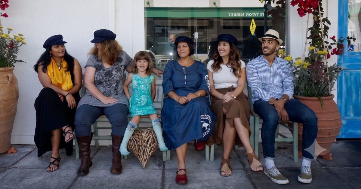 The same bench, reimagined: women, a child and a man of mixed backgrounds sitting together in the same poses