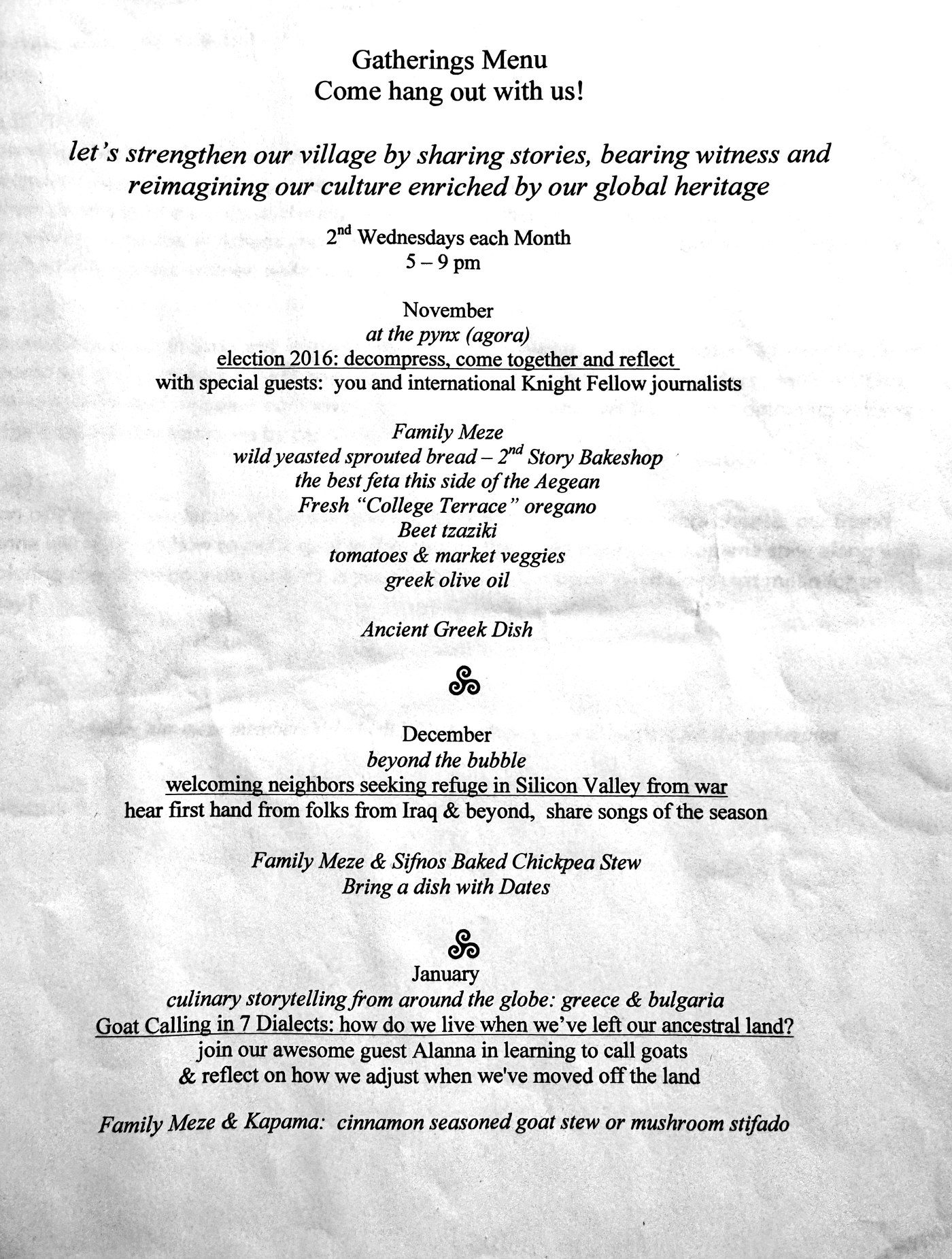 Printed Gatherings Menu, Fall 2016, listing the November, December and January gatherings