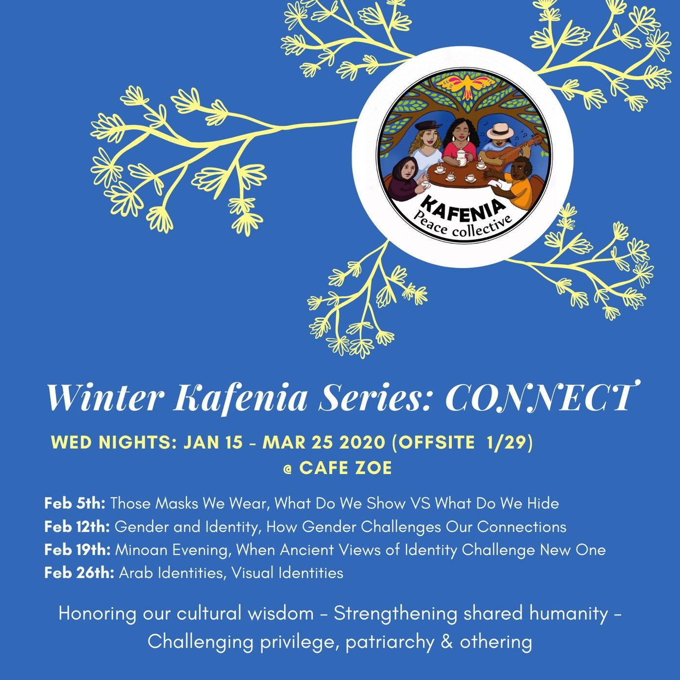 Flyer for the Winter Kafenia Series: Connect, Wednesday nights January 15 to March 25, 2020 at Cafe Zoe