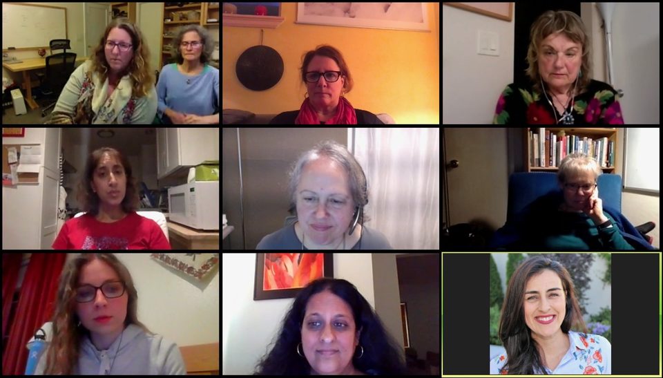 Nine participants in a Kafenia gathering on Zoom, 2020